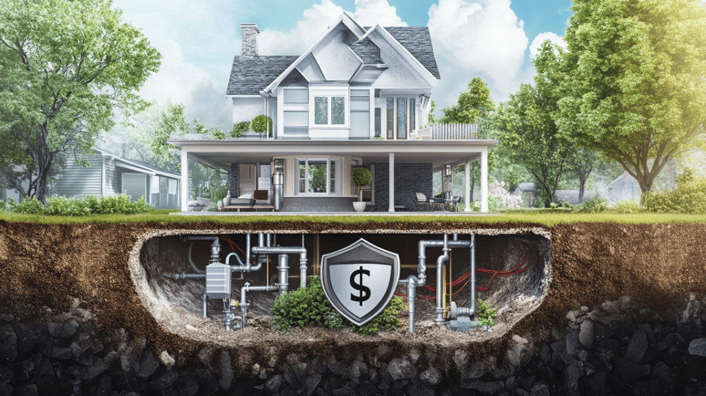 Cross-section view of a modern home showcasing water damage prevention measures, including visible plumbing upgrades, a sump pump system, and a protective shield icon symbolizing insurance savings, set against a lush green landscape.
