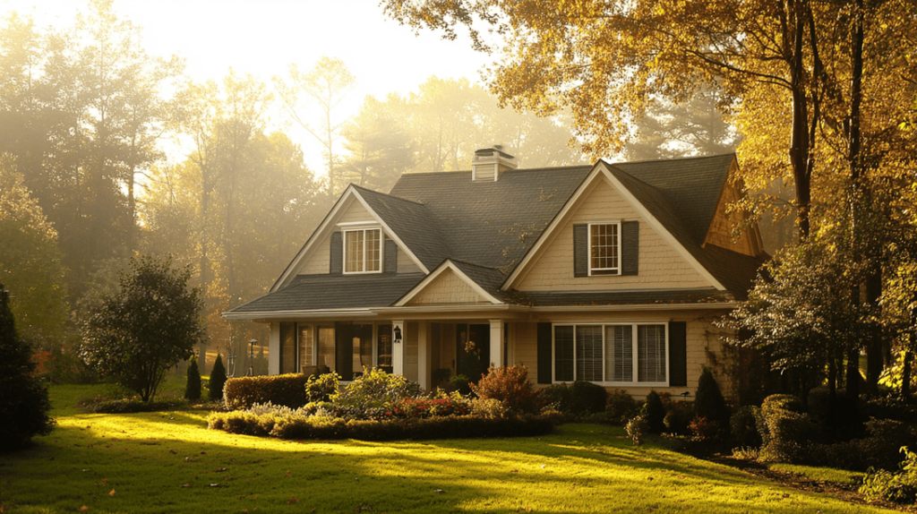 A well-maintained home exterior with clean gutters, downspouts directing water away from the foundation, and a properly sloped yard to prevent water pooling. In the foreground, a homeowner is inspecting the roof and sealing windows, while sunlight filters through, highlighting a peaceful, well-protected property. The image should evoke a sense of safety, preparedness, and proactive home maintenance. The color palette includes greens, browns, and soft sunlight for a calm, protective mood.